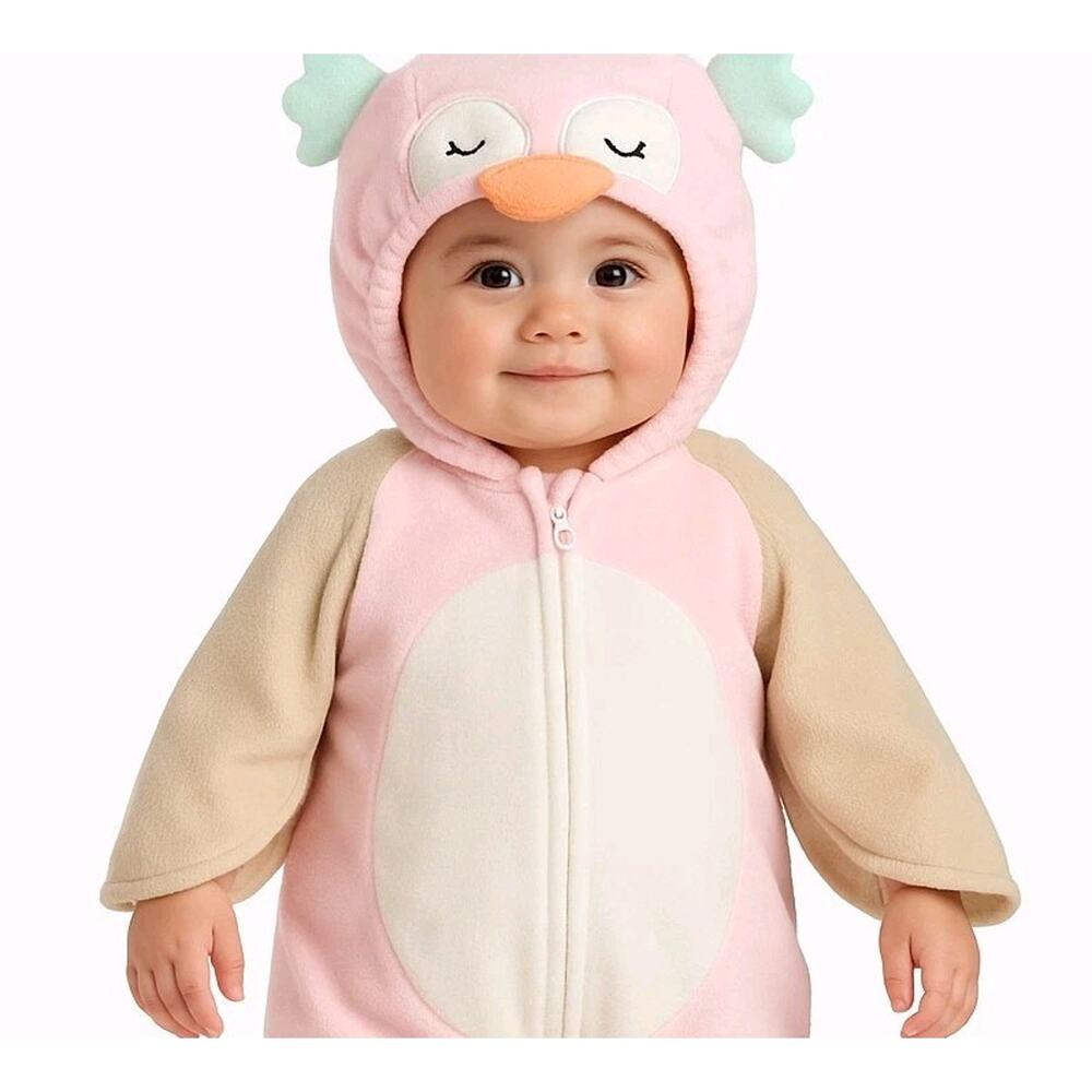 Carters Owl Costume 3 6 Months Baby Pink Beige Hooded Fleece Zip Up Halloween